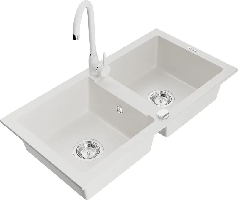 Mexen Mario granitische spoelbak met 2 kamers en Telma keukenkraan, wit - 6504-20-670200-20