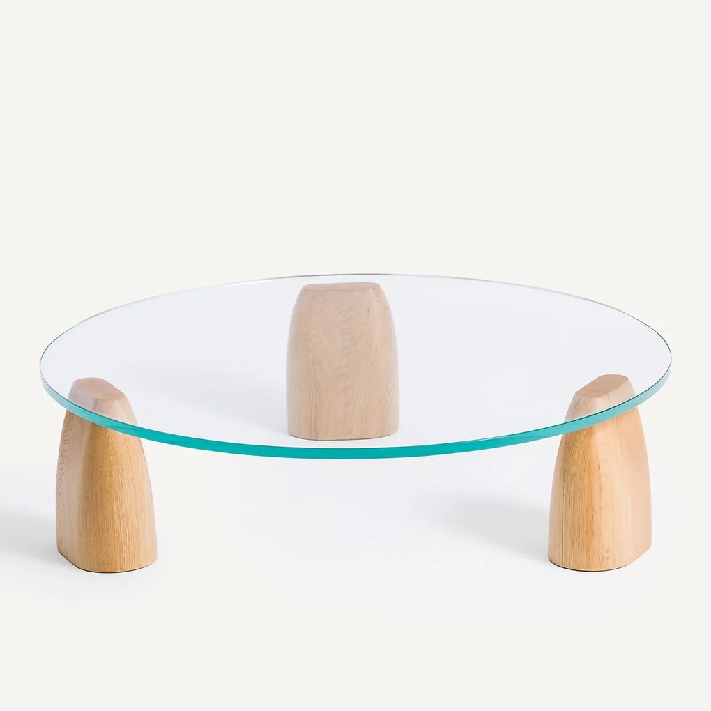 Ronde salontafel met drie poten in eik en glas, Clay