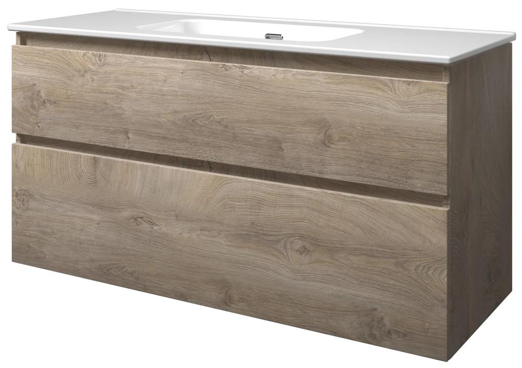 Elegant badmeubel met keramische wastafel enkel zonder kraangat en onderkast a-symmetrisch - Raw oak - 120x46cm (bxd)