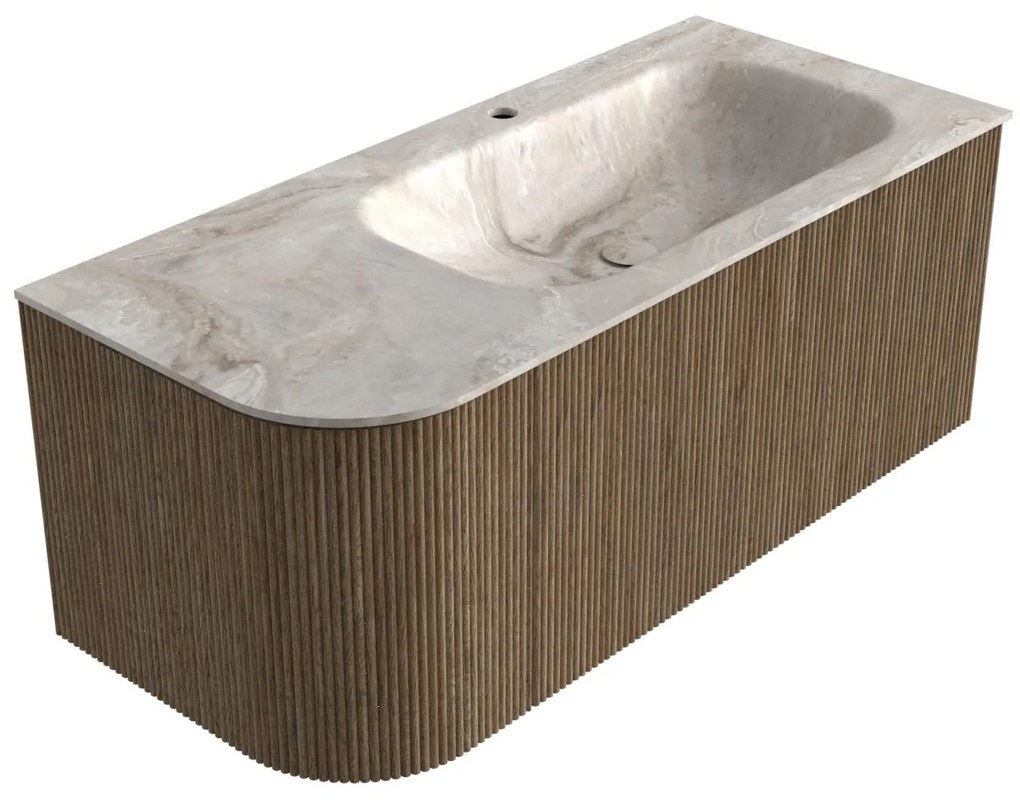 Mondiaz Kurve-dlux 105cm badmeubel ronding links dusk met 1 lade en deur en wastafel big small kraangat rechts frappe
