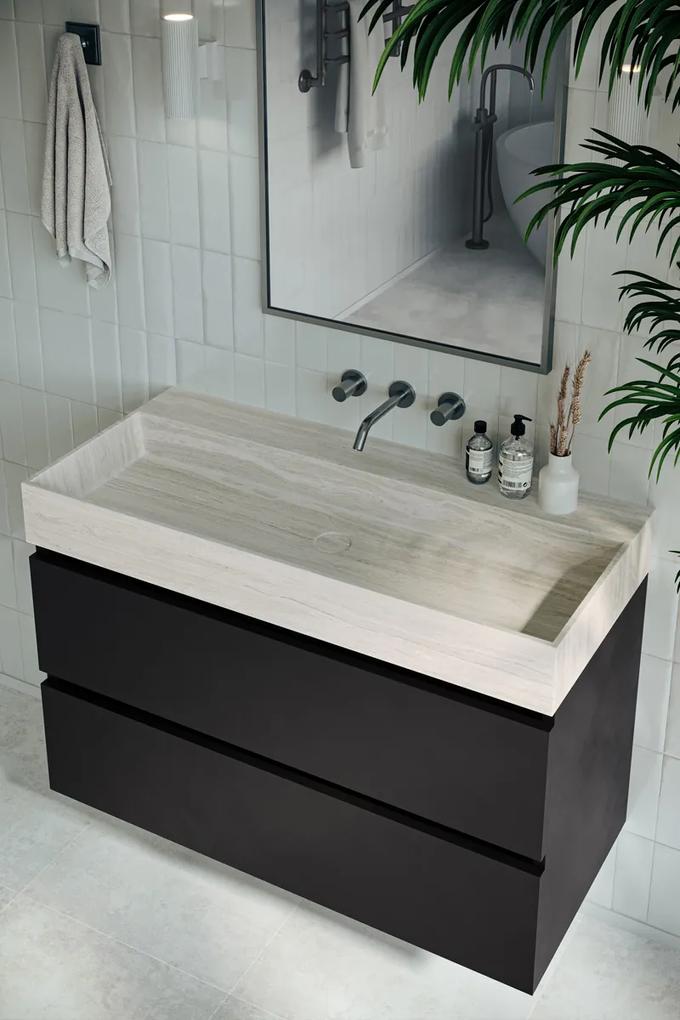 Fontana White Travertin badkamermeubel mat zwart 100cm zonder kraangat