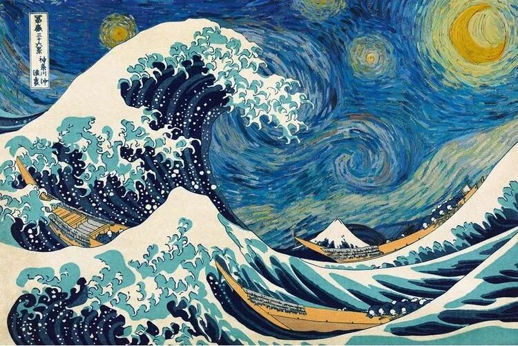 Poster Katsushika Hokusai ft. van Gogh - De grote golf van Kanagawa, (91.5 x 61 cm)