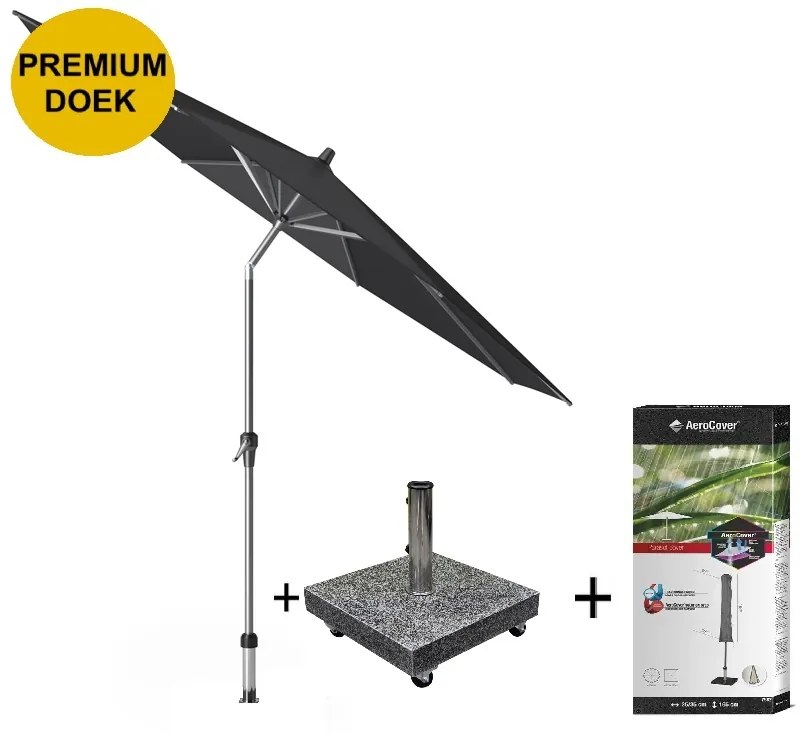 Riva premium parasol 300 cm rond faded black met kniksysteem met 40KG voet en hoes