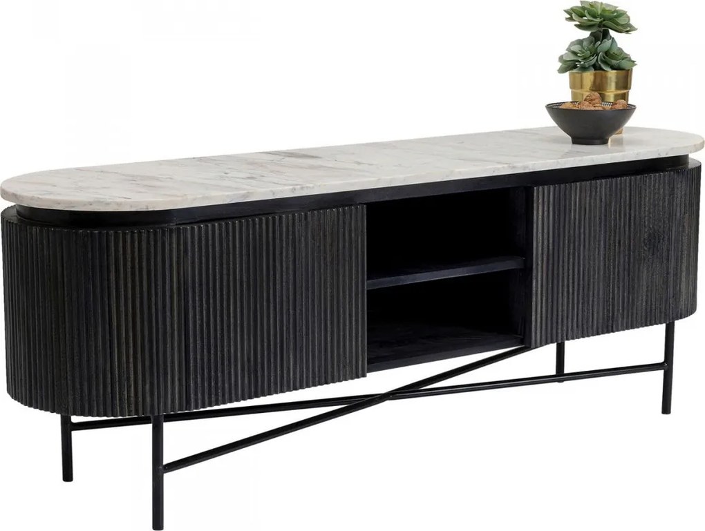 Ovaal Tv-meubel Zwart Met Wit Marmer - 150x40x54cm.