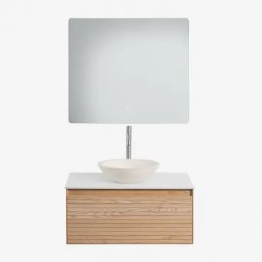 Tedrik Zwevend Badkamermeubelset 80x50 Cm In Essenhout Ash Brown & Rond Cement Wit Ø40 Cm Zavion & Rechthoekige Led En Anticondens 80x70 Cm Riben -