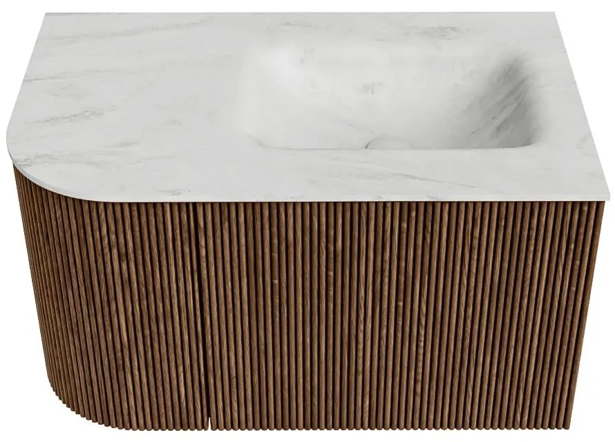 Mondiaz Kurve-dlux 75cm badmeubel ronding links walnut met 1 lade en deur en wastafel grunne rechts zonder kraangat opalo