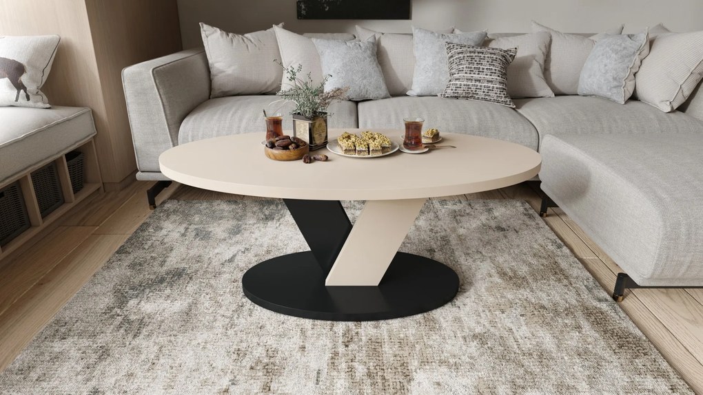 LOVA Beige/Zwart - OVALE SALONTAFEL 110x60 cm MODERNE KOFFIETAFEL