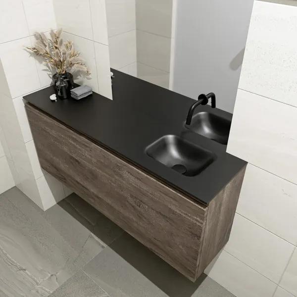 MONDIAZ OLAN Toiletmeubel 120x30x40cm met 0 kraangaten 1 lades dark brown mat Wastafel Lex rechts Solid Surface Zwart FK75343071