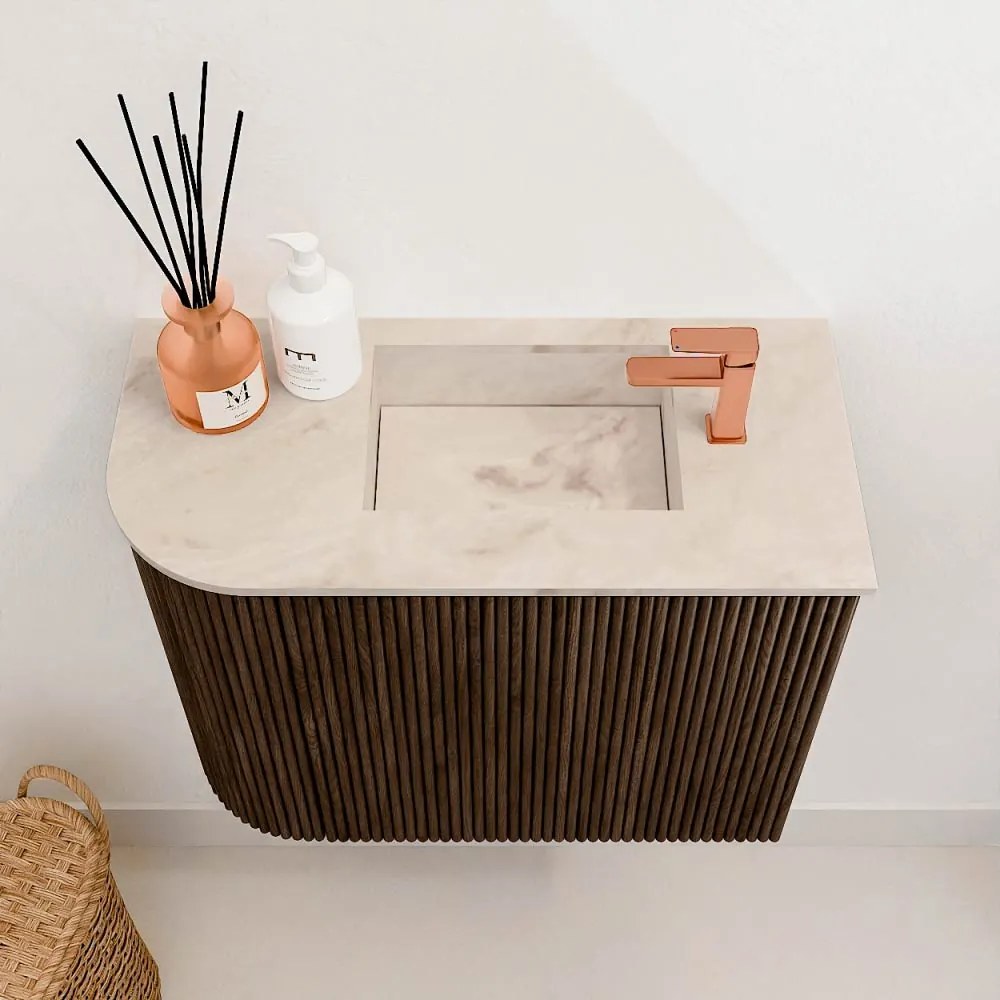 Mondiaz Joya DLux 50cm toiletmeubel ronding links walnut met wastafel faye rechts 1 kraangat frappe