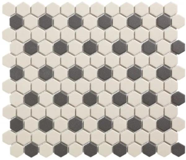 The Mosaic Factory London mozaiëktegel 2,3x2,3x0,6cm hexagon onverglaasd porselein vloertegel voor binnen en buiten vorstbestendig 36 stippen wit met zwart LOH-Mayfair-36
