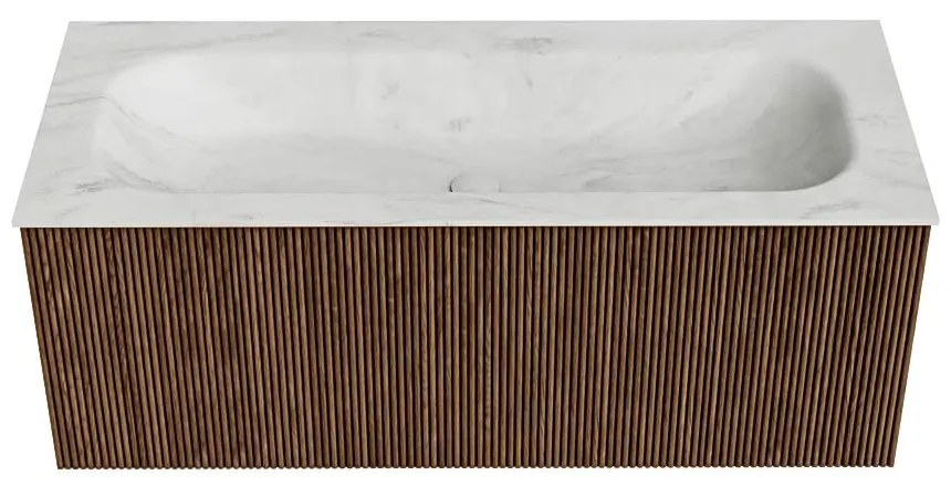 Mondiaz Kurve-dlux 110cm badmeubel walnut met 1 lade en wastafel big medium midden zonder kraangat opalo