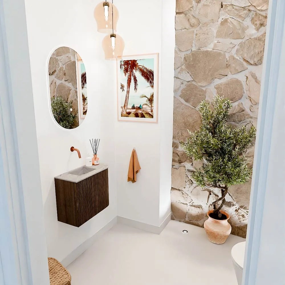 Mondiaz Joya DLux 50cm toiletmeubel ronding rechts walnut met wastafel faye links zonder kraangat glace