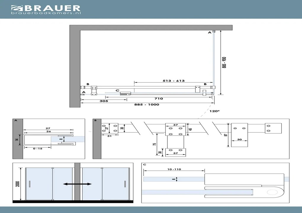 Brauer Stellar douchecabine met draaideur 100x90cm messing geborsteld PVD