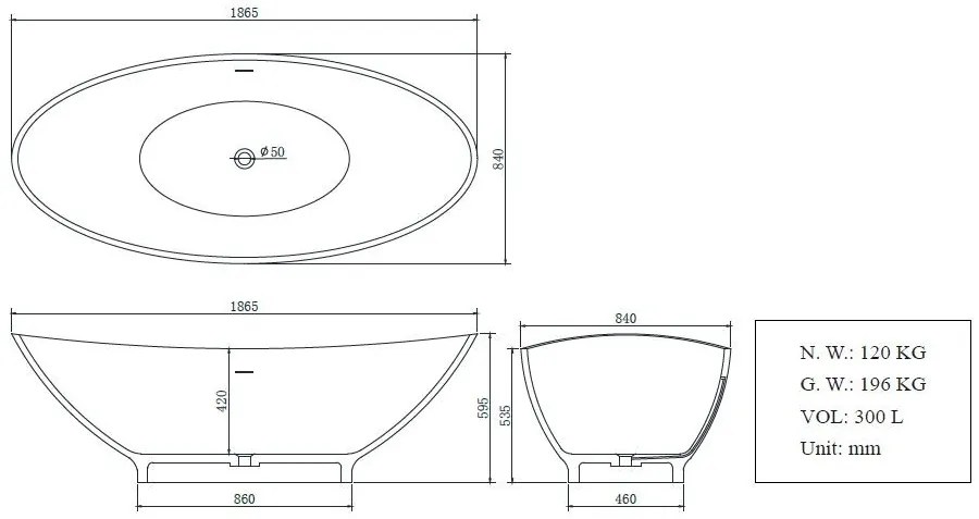 Saniclear Tana vrijstaand bad solid surface mat wit 186x84x59cm