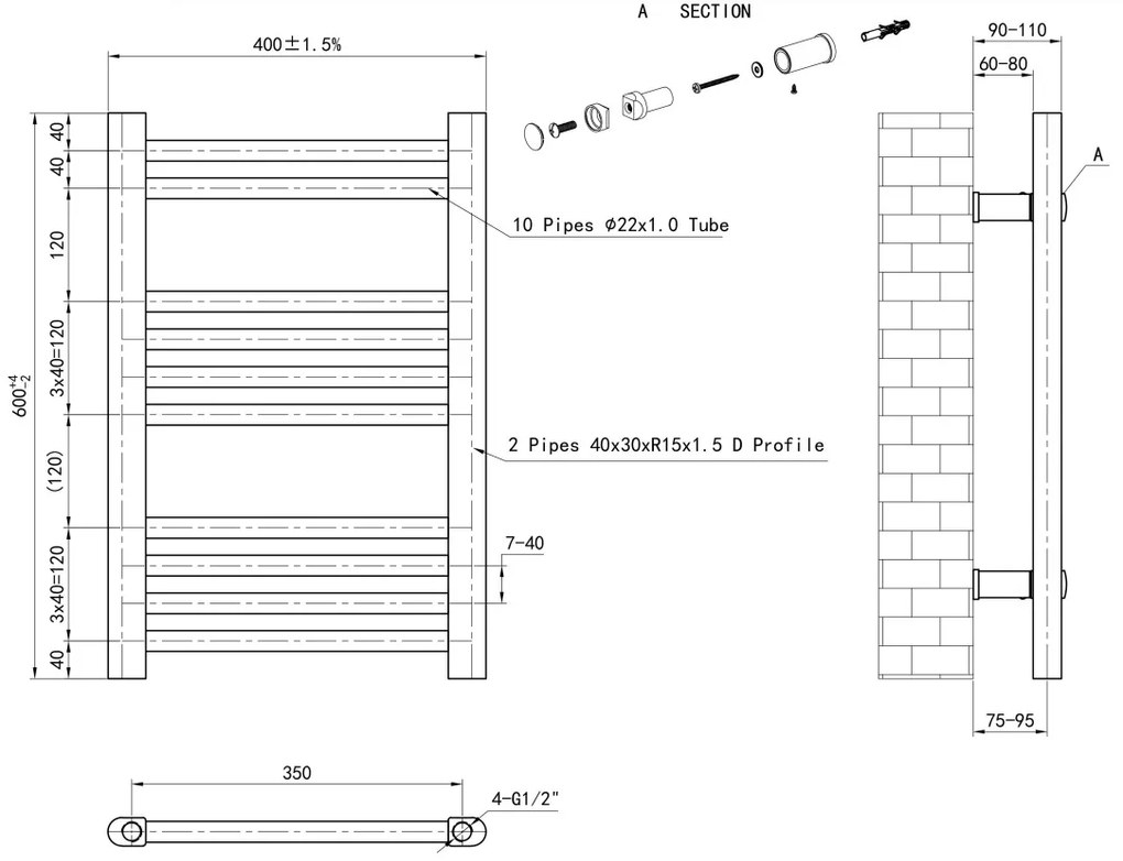 Eastbrook Wendover handdoekradiator 40x60cm 241W zwart mat