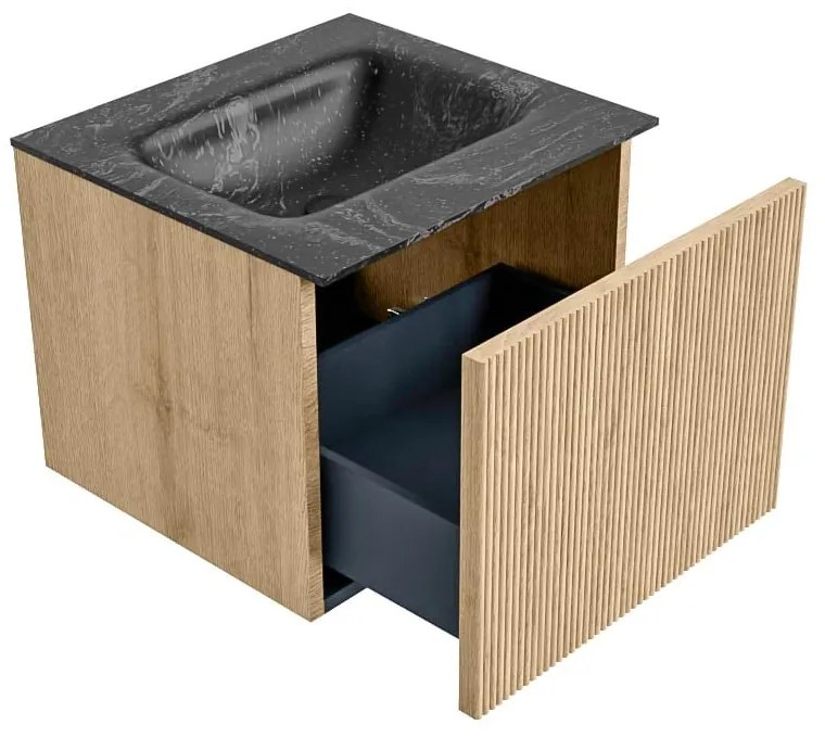 Mondiaz Kurve-dlux 50cm badmeubel oak met 1 lade en wastafel grunne midden 1 kraangat lava