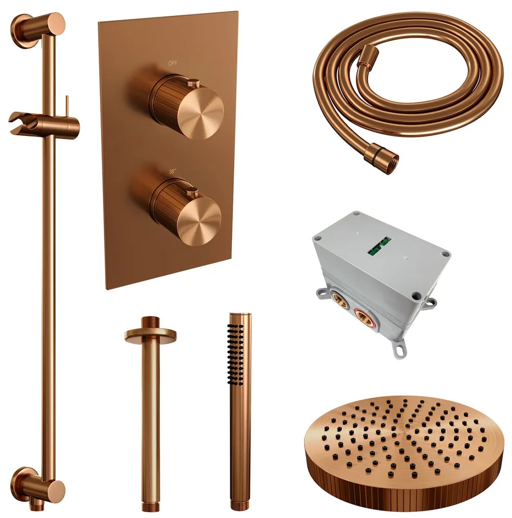 Brauer Stripe inbouw regendouche met 25cm hoofddouche, met plafondarm, glijstang en staafhanddouche set 21 koper geborsteld PVD