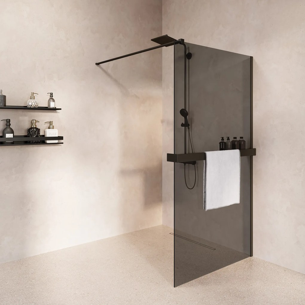 Saniclear Metric inloopdouche 90cm met handdoekhouder en rookglas zwart mat