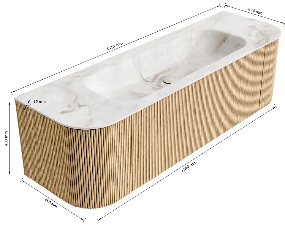 Mondiaz Kurve-dlux 150cm badmeubel ronding links/rechts dusk met 1 lade en 2 deuren en wastafel big medium midden 1 kraangat glace