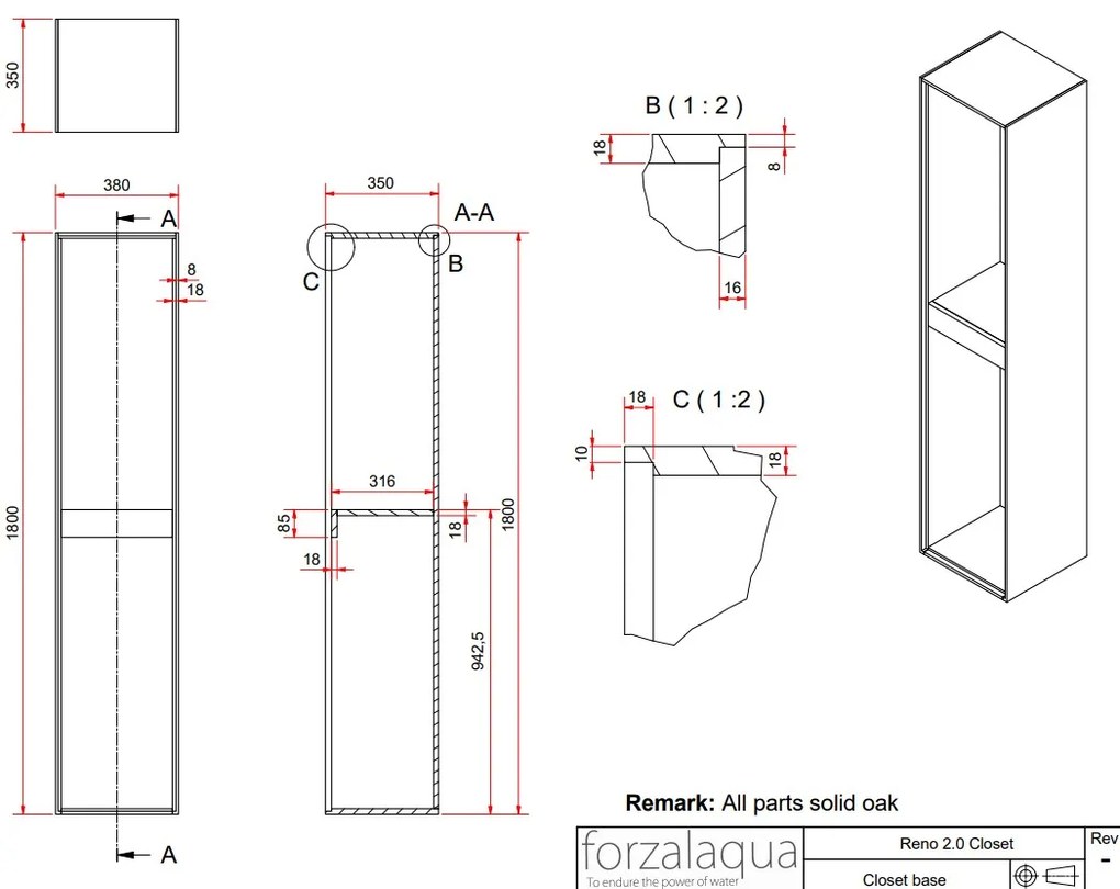 Forzalaqua Reno kolomkast 40x35x180cm silver grey