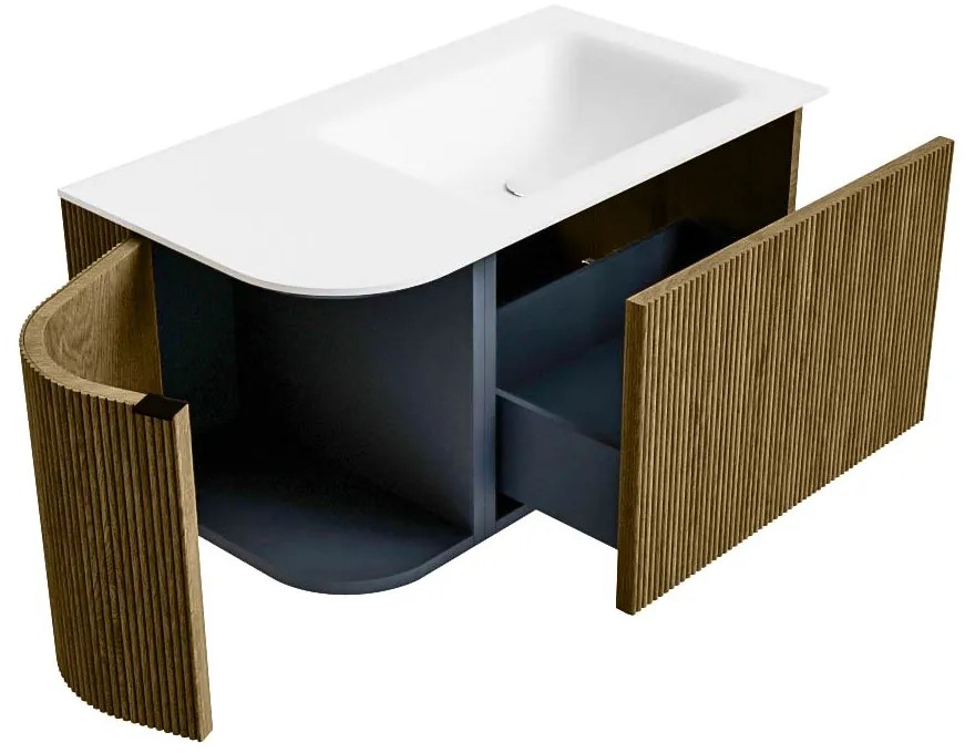 Mondiaz Kurve 85cm badmeubel ronding links dusk met 1 lade en deur en wastafel cloud rechts zonder kraangat