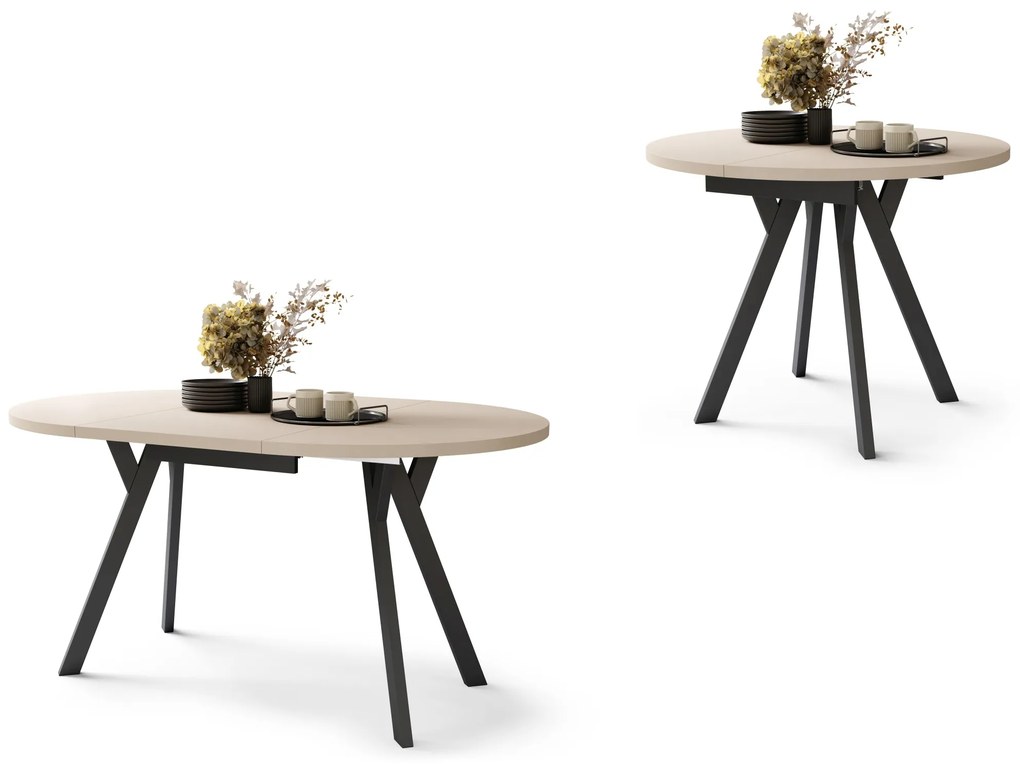 ALMO Beige/Zwarte poten - RONDE LOFT/INDUSTRIËLE TAFEL VOOR WOONKAMER/EETKAMER, UITSCHUIFBAAR