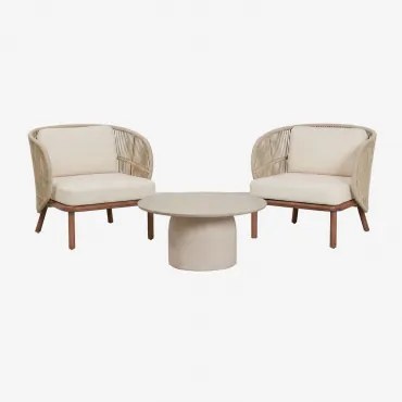 Tuinset Met 2 Stoelen Van Gevlochten Touw Capri En Een Ronde Salontafel Ø75 Cm Van Layana Cement Beige – Crème - Sklum
