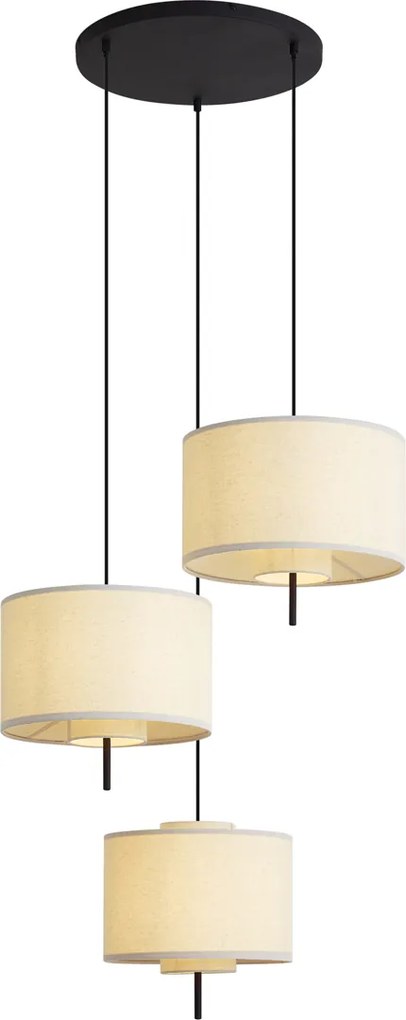 Japandi hanglamp zwart met witte linnen kap 3-lichts - Rieu