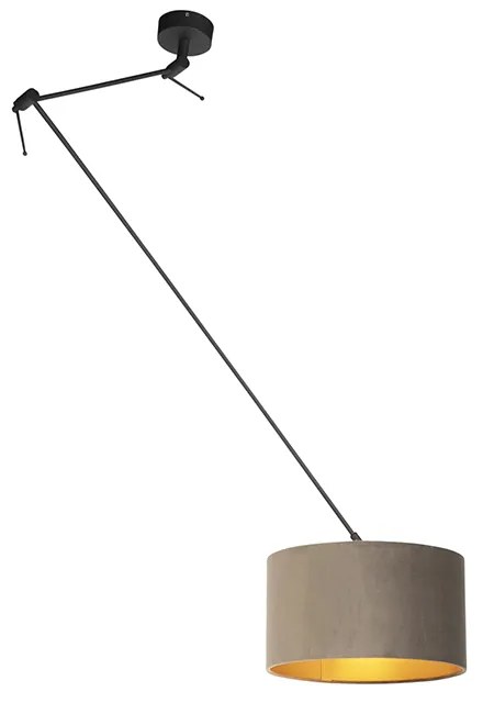 Hanglamp zwart met velours kap taupe met goud 35 cm - Blitz