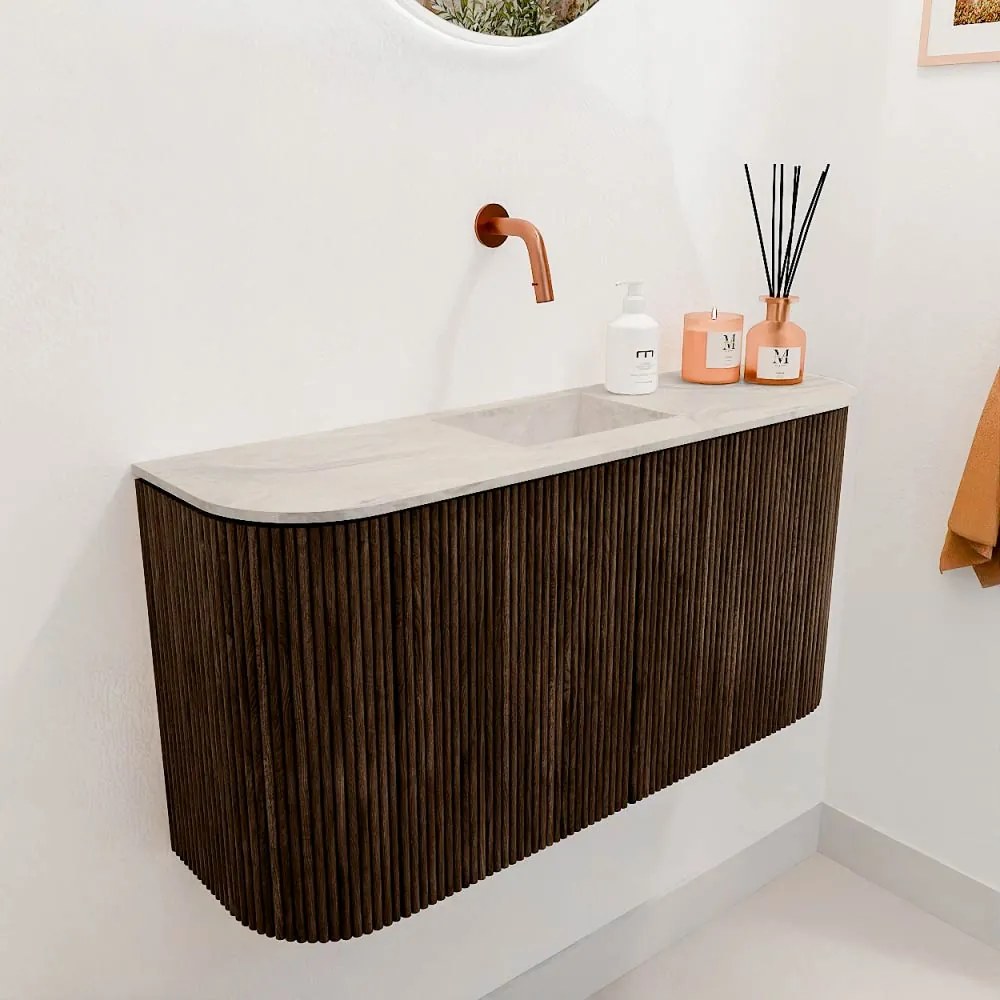 Mondiaz Joya DLux 85cm toiletmeubel ronding links/rechts walnut met wastafel faye midden zonder kraangat ostra