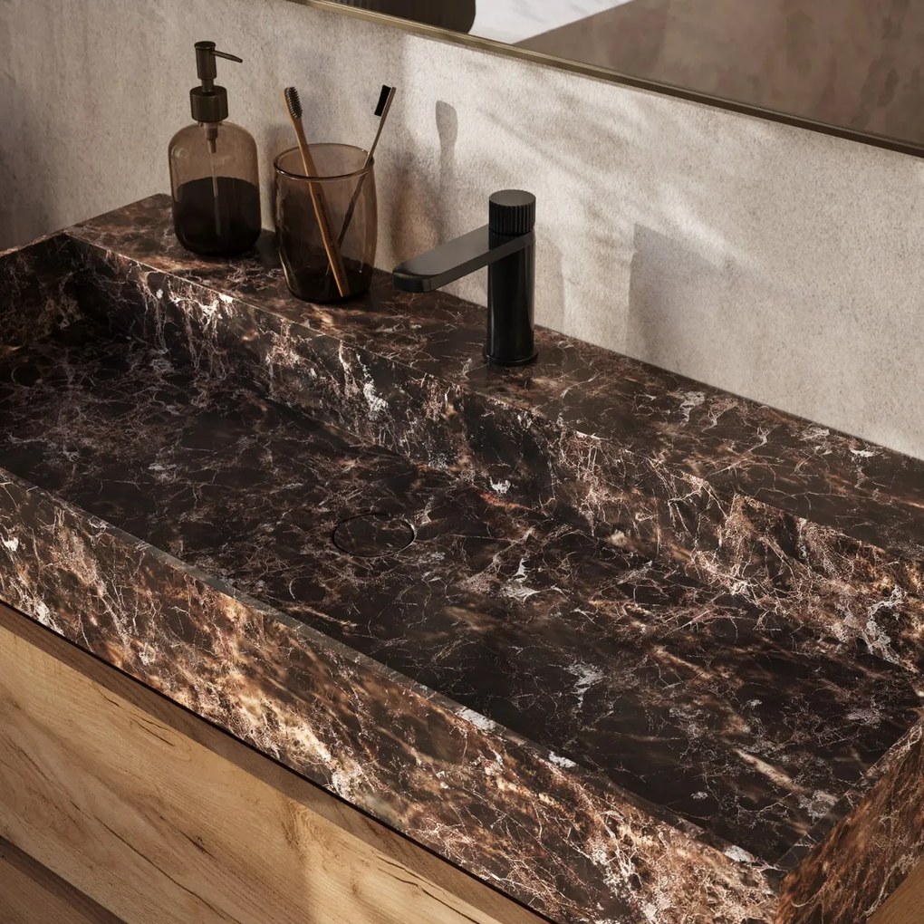 Saniclear Dark Emperador marmeren wastafel 80x46cm met kraangat