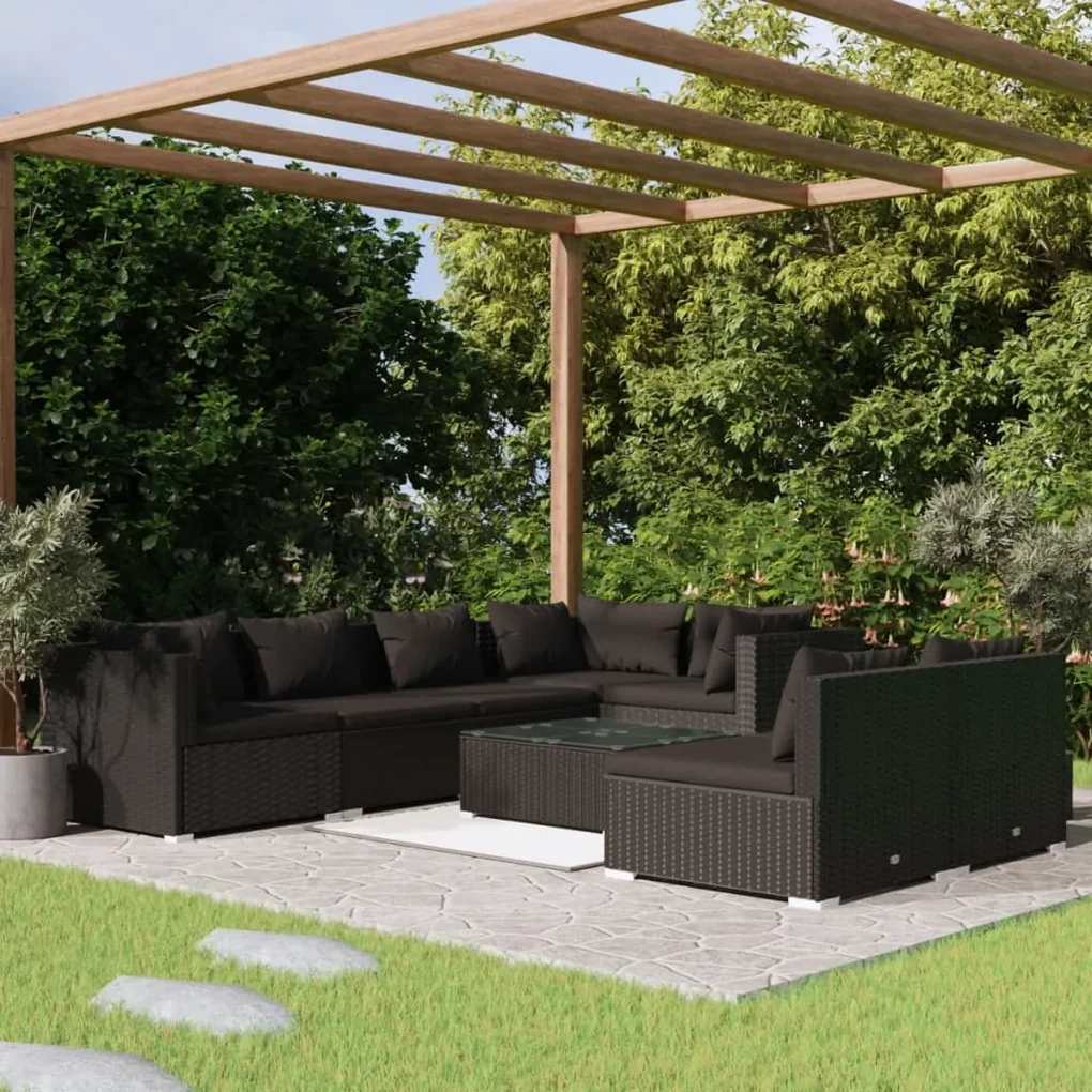 vidaXL 8-delige Loungeset met kussens poly rattan zwart