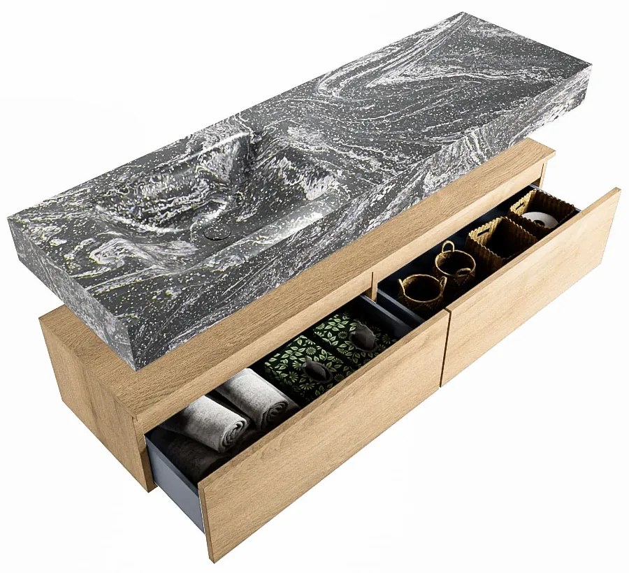 Mondiaz Alan DLux badmeubel 150cm washed oak 2 lades met wastafel lava links 1 kraangat