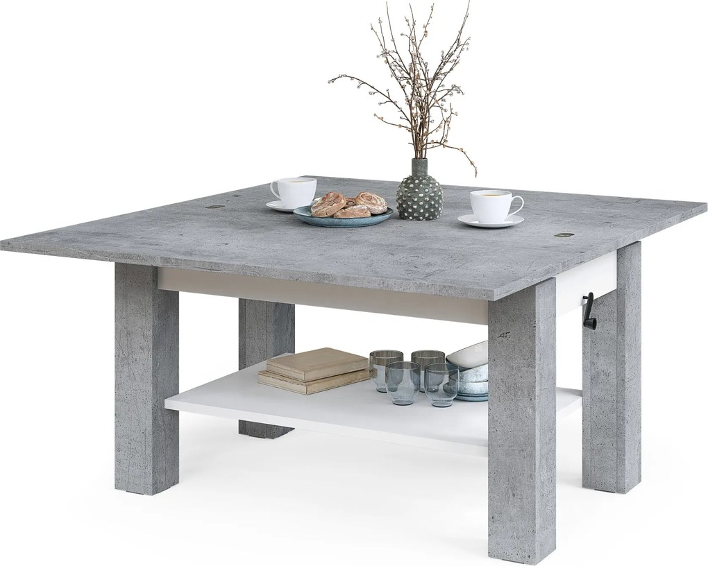 BRAVO beton / wit – uitschuifbare en in hoogte verstelbare salontafel, tafel met plank