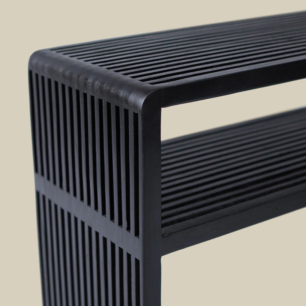 Wandtafel Zwarte Teak Latjes - 130 X 30cm.