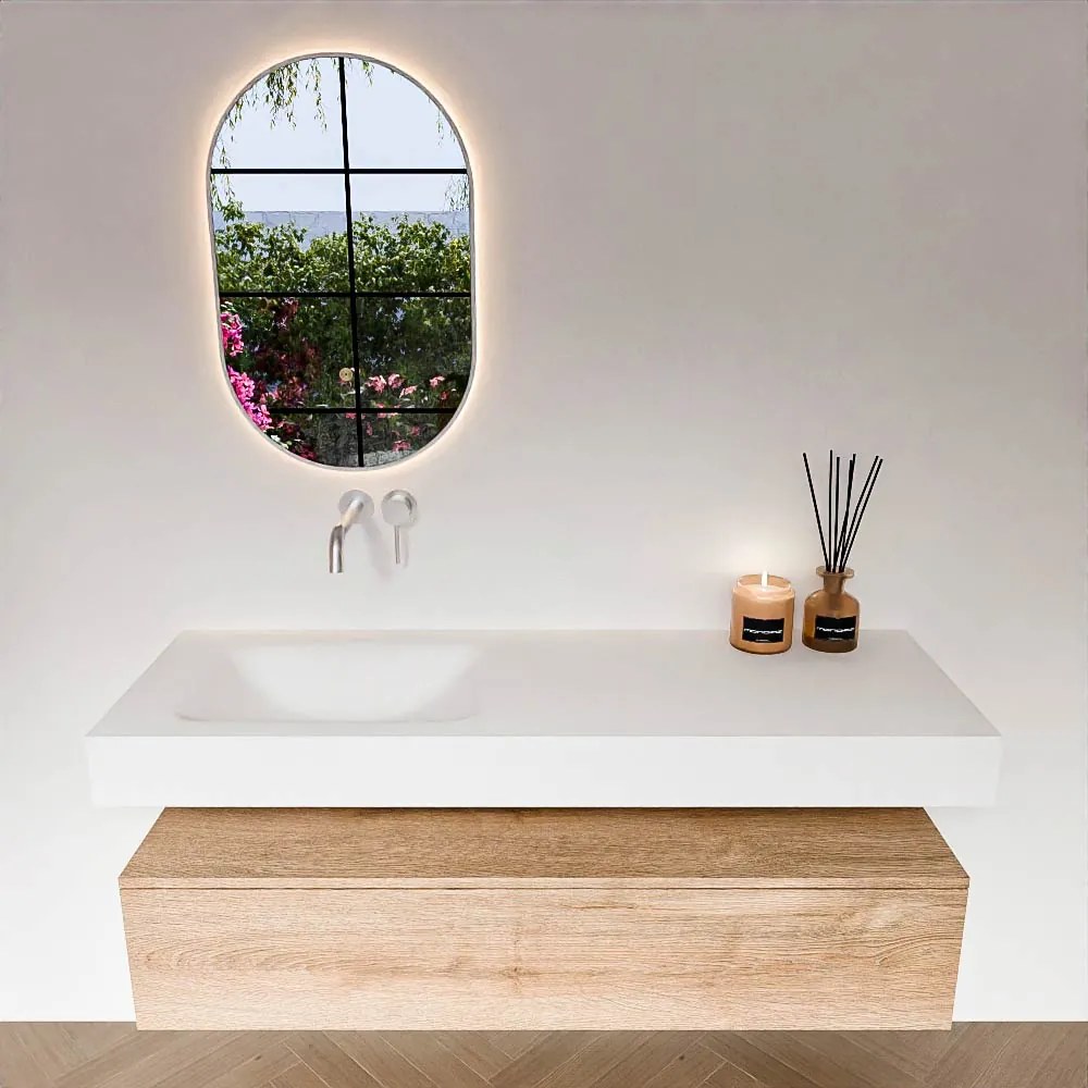 Zaro Alan badmeubel 140cm washed oak 1 lade met vrijhangende wastafel cloud links zonder kraangat talc