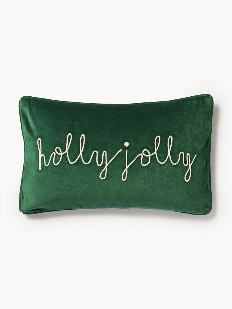 Geborduurde fluwelen kussenhoes Holly Jolly met bies