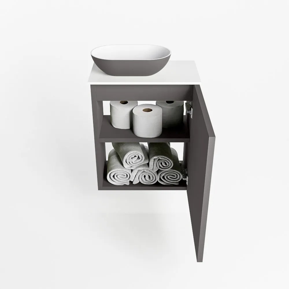 Mondiaz Fowy toiletmeubel 40cm dark grey met antraciete waskom links en kraangat