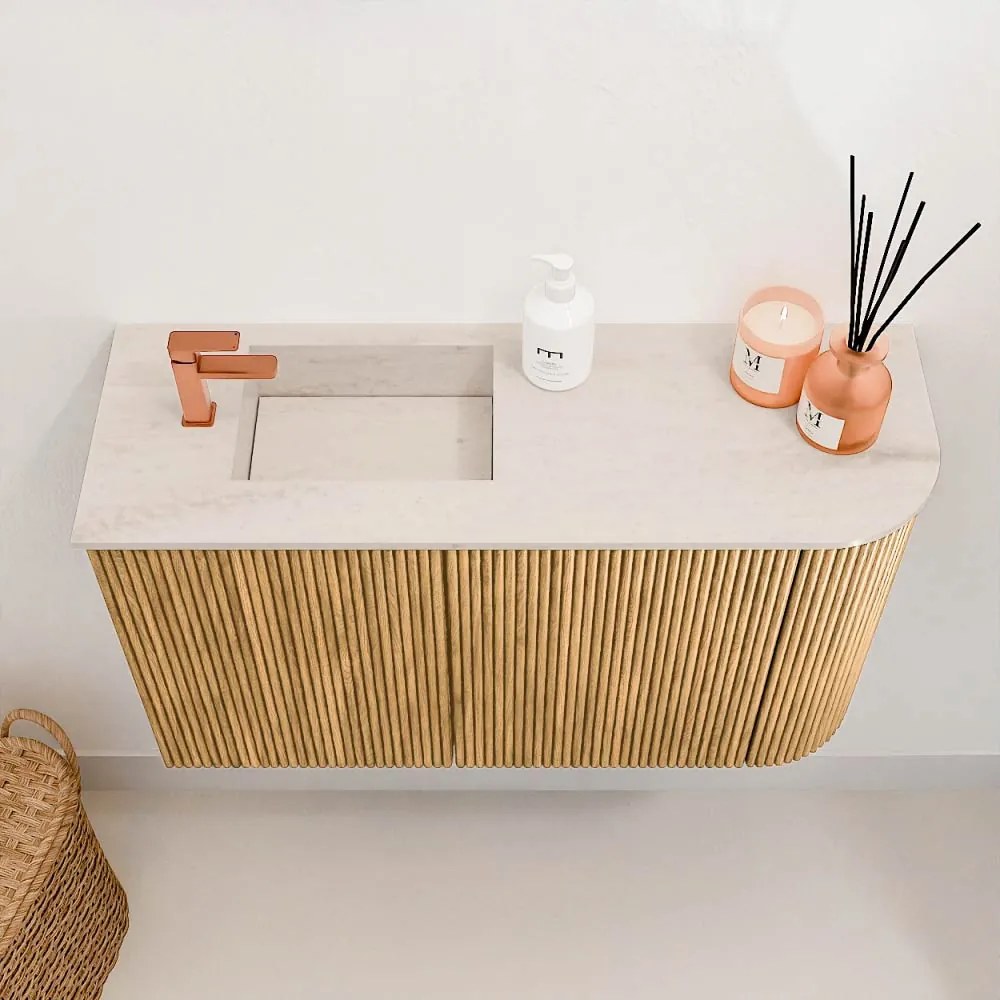 Mondiaz Joya DLux 70cm toiletmeubel ronding rechts oak met wastafel faye links 1 kraangat meli