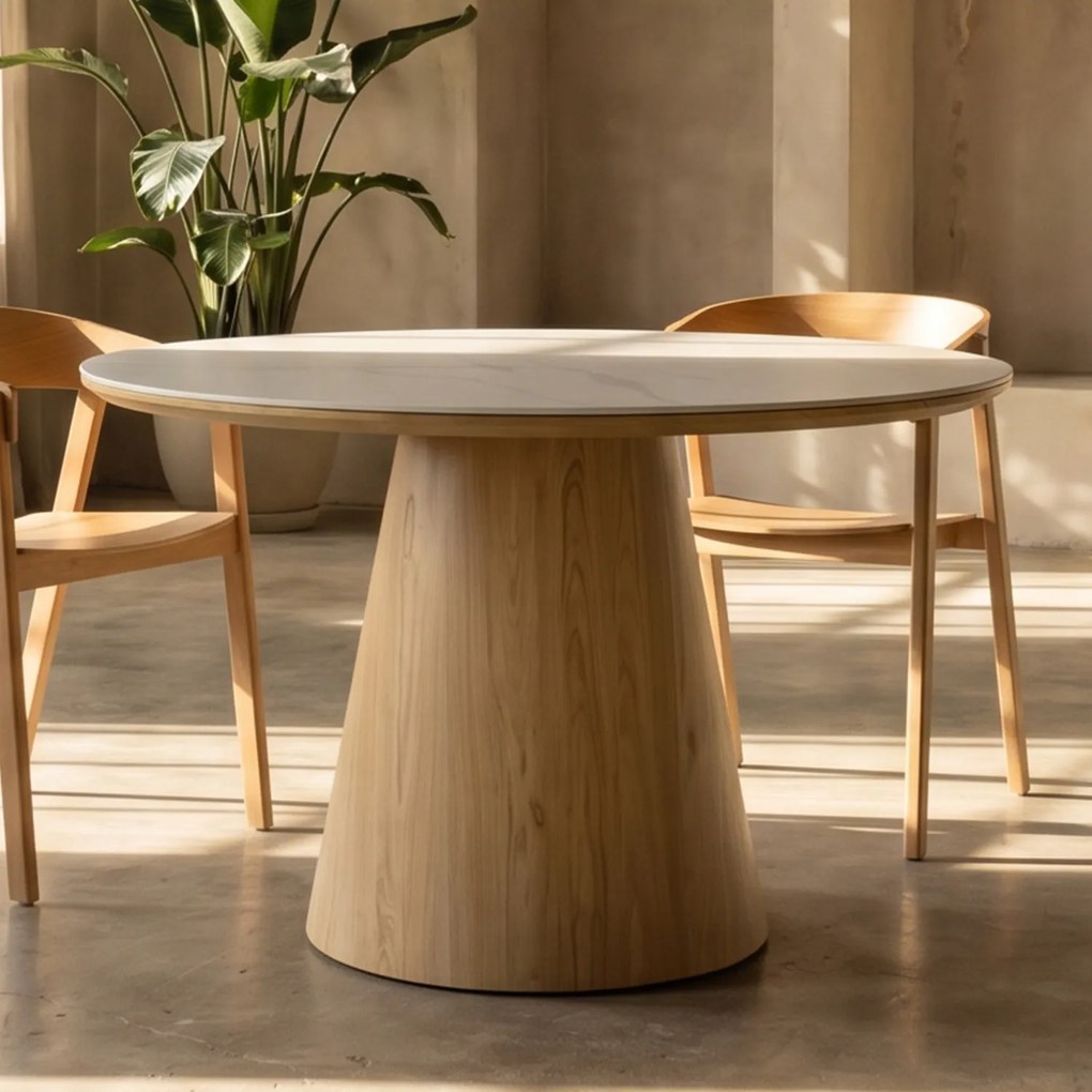 Ronde Eettafel Eiken En Wit Marmer - 115 X 115cm.