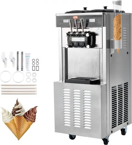 VEVOR commerciële ijsmachine, 34-44 l/u output, 1850 W, vrijstaande softijsmachine met 3 smaken, 2 x 9 l roestvrijstalen containers, LED-paneel, gebruik met één cilinder en nachtkoeling
