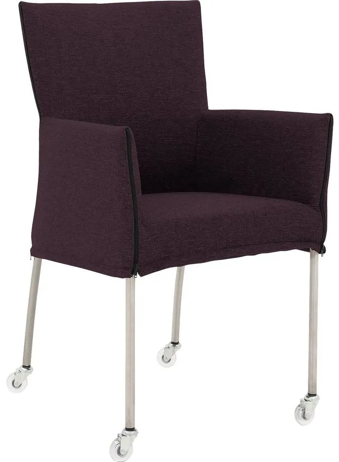 Goossens Eetkamerstoel Funk RVS Poten roze stof met armleuning en Transparant skater wiel met rvs kapmet wielen, modern design