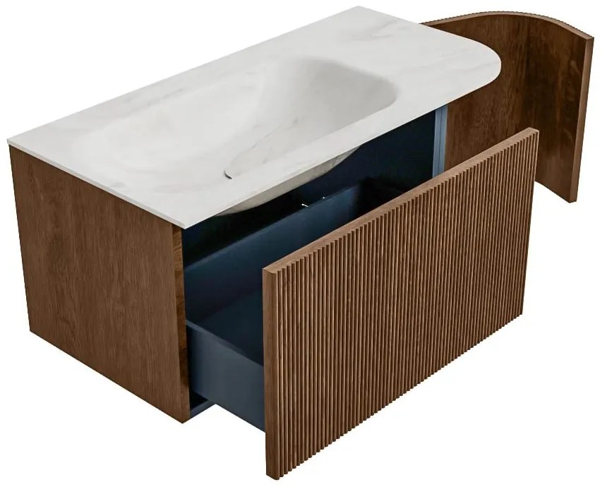 Mondiaz Kurve-dlux 95cm badmeubel ronding rechts walnut met 1 lade en deur en wastafel big small links zonder kraangat ostra