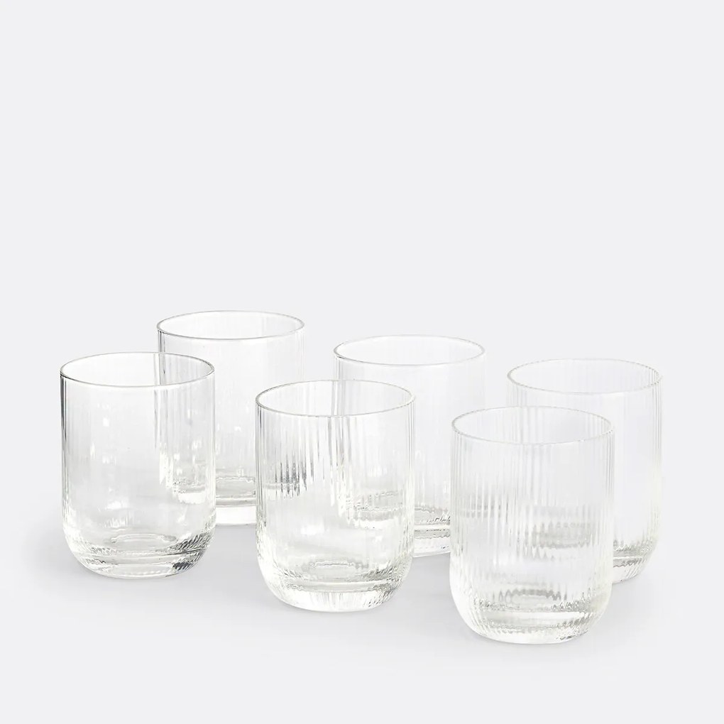 Set van 6 waterglazen in geribbeld glas, Stria