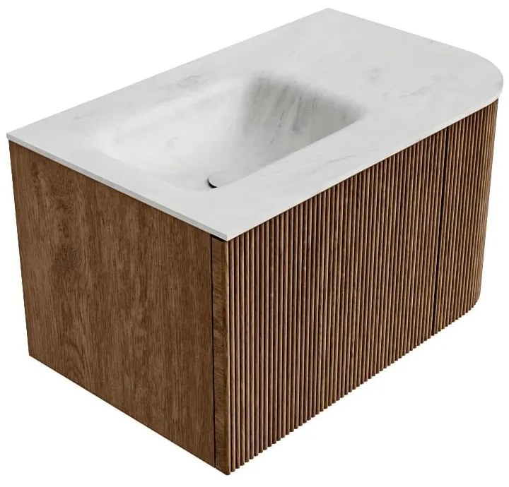 Mondiaz Kurve-dlux 75cm badmeubel ronding rechts walnut met 1 lade en deur en wastafel grunne links zonder kraangat opalo