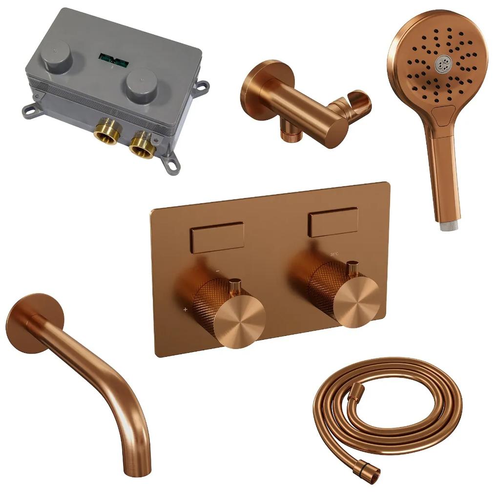 Brauer Copper Carving thermostatische inbouw badkraan met uitloop en 3 standen handdouche set 4 koper geborsteld PVD