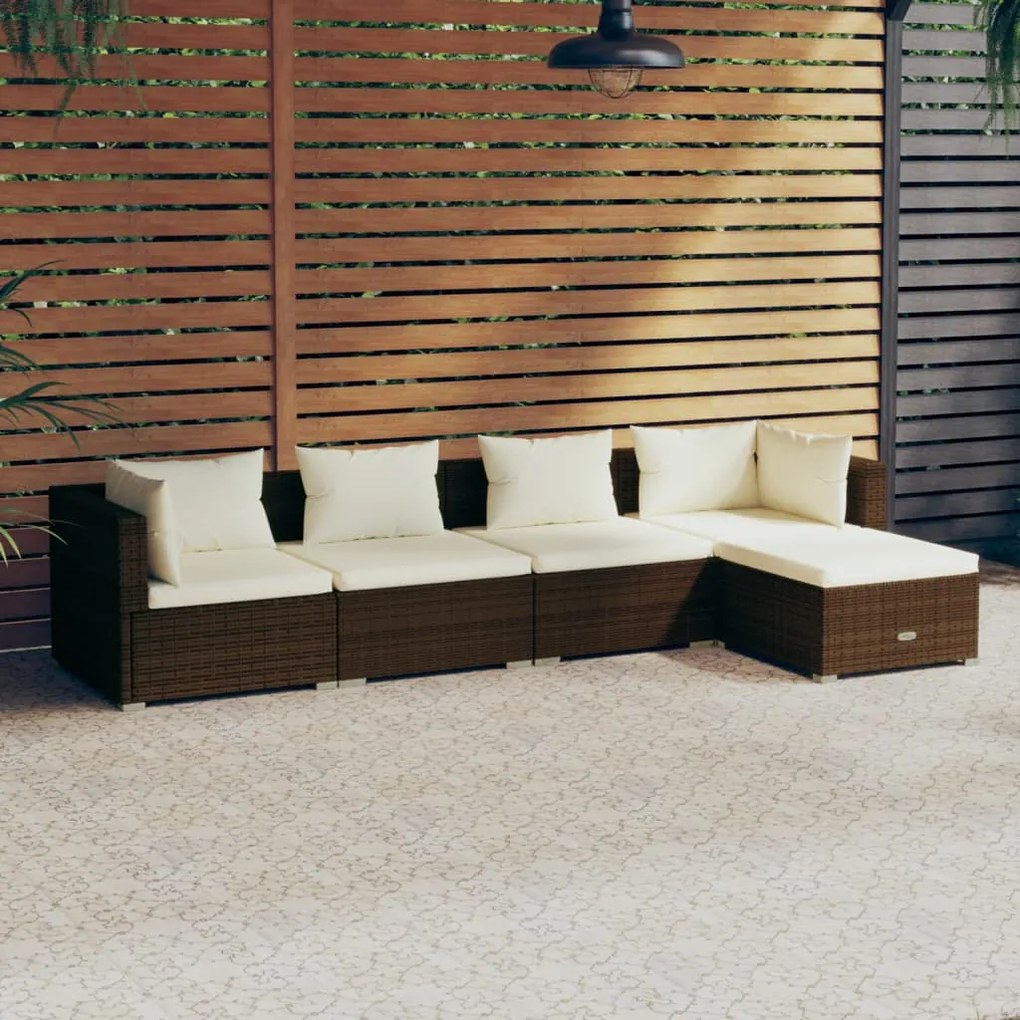 vidaXL 5-delige Loungeset met kussens poly rattan bruin