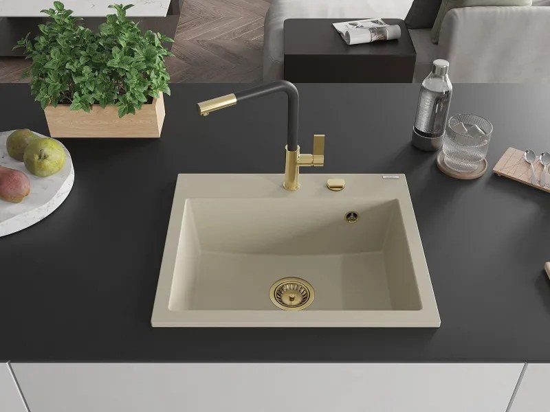 Mexen Oscar granitische spoelbak 1-komerig 580 x 490 mm, beige, gouden sifon - 6519581000-69-G