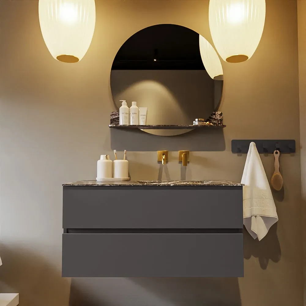 Mondiaz Vica DLux badmeubel 100cm dark grey 2 lades met wastafel lava rechts zonder kraangat