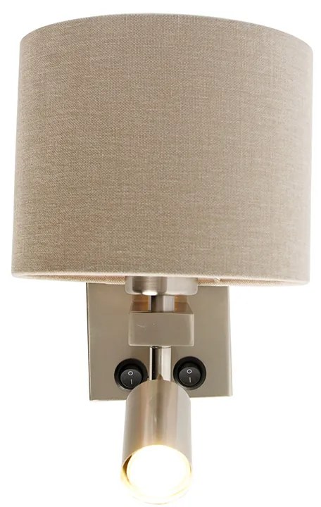 Wandlamp staal met leeslamp en kap 18 cm lichtbruin - Brescia Modern E27 vierkant Binnenverlichting Lamp